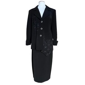 BMI Studio Black Embellish Bead Skirt Suit Set Womens Size 14 Asymetric Hem Glam